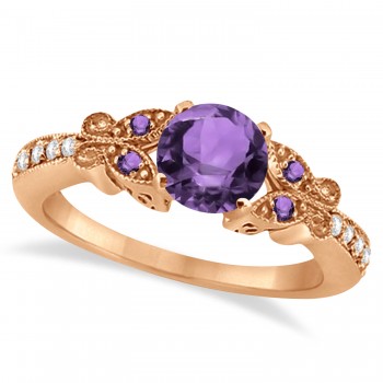 Butterfly Amethyst & Diamond Engagement Ring 14K Rose Gold 1.28ctw
