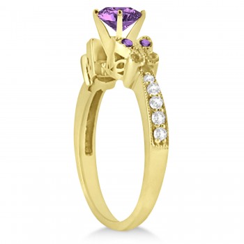 Butterfly Amethyst & Diamond Engagement Ring 14K Yellow Gold 0.88ctw