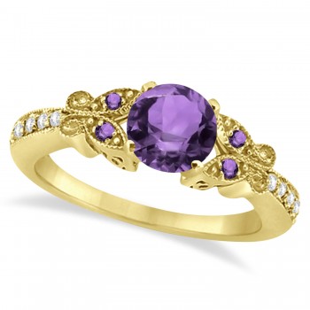 Butterfly Amethyst & Diamond Engagement Ring 18K Yellow Gold 1.28ctw