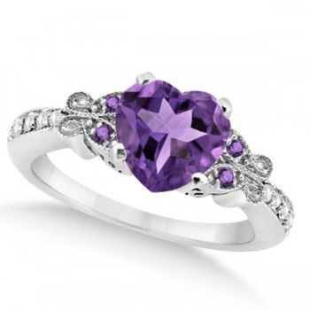 Butterfly Amethyst & Diamond Heart Engagement Ring 14K W Gold 2.48ct