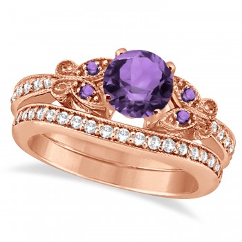 Butterfly Amethyst & Diamond Bridal Set 14k Rose Gold 1.50ctw