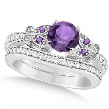 Butterfly Amethyst & Diamond Bridal Set 14k White Gold 1.50ctw