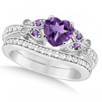 Butterfly Amethyst & Diamond Heart Bridal Set 14k White Gold 1.95ct