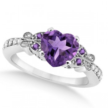 Butterfly Amethyst & Diamond Heart Bridal Set 14k White Gold 1.95ct