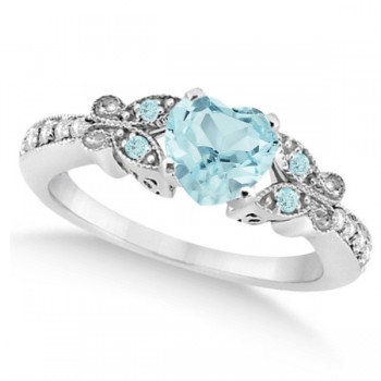 Butterfly Aquamarine & Diamond Heart Engagement 14K White Gold 1.33ct