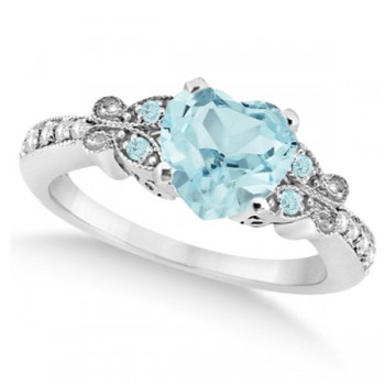 Butterfly Aquamarine & Diamond Heart Engagement 14K White Gold 2.48ct