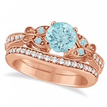 Preset Butterfly Aquamarine & Diamond Bridal Set 14k Rose Gold 0.95ct