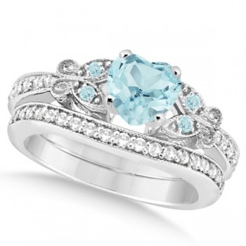 Butterfly Aquamarine & Diamond Heart Bridal Set 14k White Gold 1.55ct