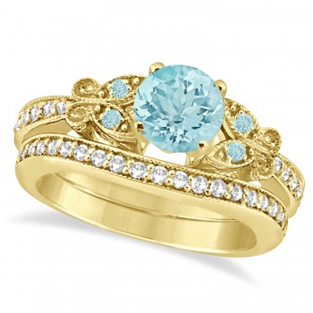 Preset Butterfly Aquamarine & Diamond Bridal Set 14k Yellow Gold 0.95ct