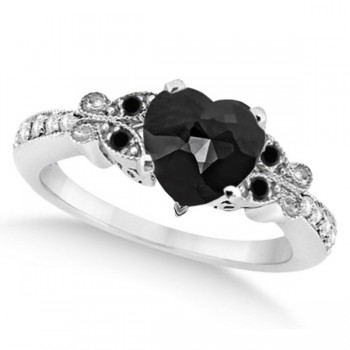 Butterfly Black & White Diamond Heart Engagement Ring 14K W Gold 1.67ct