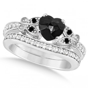 Butterfly Black and White Diamond Heart Bridal Set 14k W Gold 1.49ct