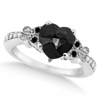 Butterfly Black and White Diamond Heart Bridal Set 14k W Gold 2.64ct