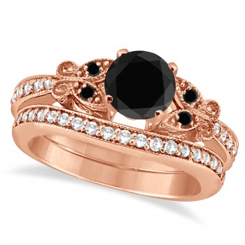 Butterfly Black & White Diamond Bridal Set 18K Rose Gold 0.89ct