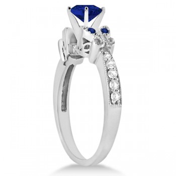 Butterfly Blue Sapphire & Diamond Engagement Ring 14K White Gold .88ct