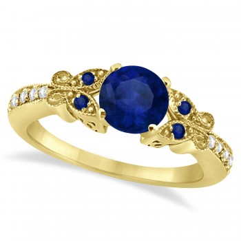 Butterfly Blue Sapphire & Diamond Engagement Ring 18K Yellow Gold .88ct