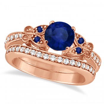 Butterfly Blue Sapphire & Diamond Bridal Set 14k Rose Gold 1.50ct