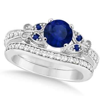 Butterfly Blue Sapphire & Diamond Bridal Set 14k White Gold 1.50ct