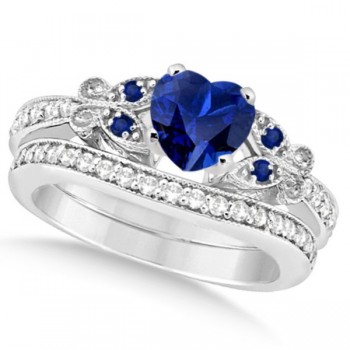 Butterfly Blue Sapphire & Diamond Heart Bridal Set 14k W Gold 1.55ct