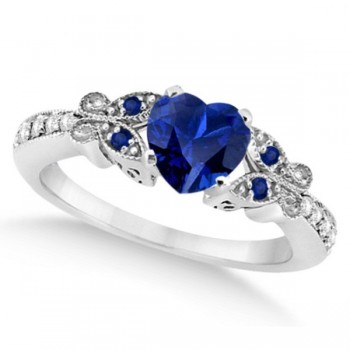 Butterfly Blue Sapphire & Diamond Heart Bridal Set 14k W Gold 1.55ct