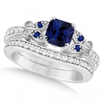 Butterfly Blue Sapphire & Diamond Princess Set 14k W. Gold 1.55ct