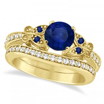 Butterfly Blue Sapphire & Diamond Bridal Set 14k Yellow Gold 1.10ct