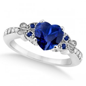 Butterfly Blue Sapphire & Diamond Heart Bridal Set 14k W Gold 1.95ct