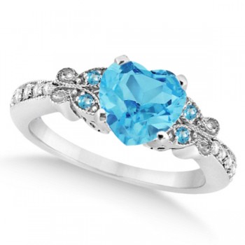 Butterfly Blue Topaz & Diamond Heart Engagement Ring 14K W Gold 2.48ct