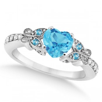 Butterfly Blue Topaz & Diamond Heart Bridal Set 14k W Gold 1.55ct
