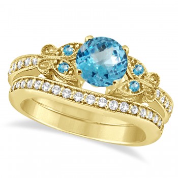 Butterfly Blue Topaz & Diamond Bridal Set 14k Yellow Gold 1.10ct