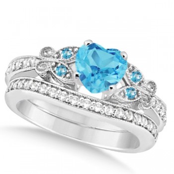 Butterfly Blue Topaz & Diamond Heart Bridal Set 14k W Gold 1.95ct