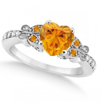 Butterfly Genuine Citrine & Diamond Heart Engagement 14K W Gold 1.73ct