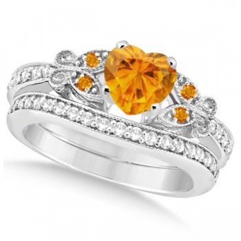 Butterfly Genuine Citrine & Diamond Heart Bridal Set 14k W Gold 1.95ct