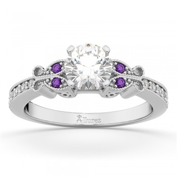 Butterfly Diamond & Amethyst Engagement Ring 14k White Gold (0.20ct)