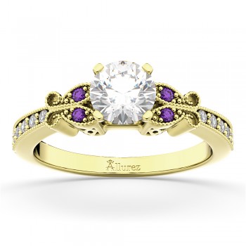 Butterfly Diamond & Amethyst Engagement Ring 14k Yellow Gold (0.20ct)