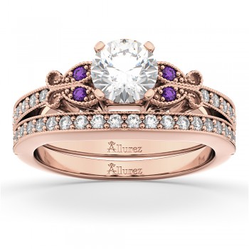 Butterfly Diamond & Amethyst Bridal Set 14k Rose Gold (0.42ct)