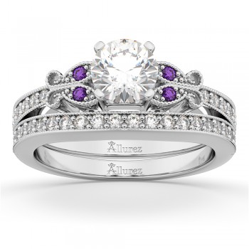 Butterfly Diamond & Amethyst Bridal Set 14k White Gold (0.42ct)