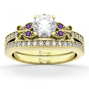 Butterfly Diamond & Amethyst Bridal Set 14k Yellow Gold (0.42ct)