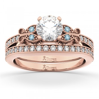 Butterfly Diamond & Aquamarine Bridal Set 14k Rose Gold (0.42ct)