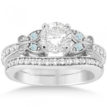 Butterfly Diamond & Aquamarine Bridal Set 14k White Gold (0.42ct)