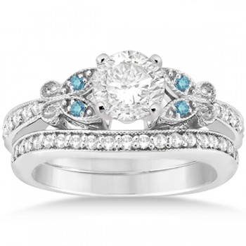 Blue Diamond Buttefly Bridal Set in 14k White Gold (0.38ct)