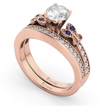 Butterfly Diamond & Blue Sapphire Bridal Set 14k Rose Gold (0.42ct)