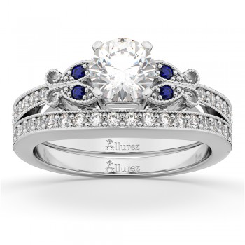 Butterfly Diamond & Blue Sapphire Bridal Set 14k White Gold (0.42ct)