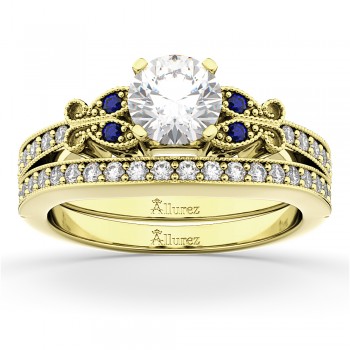 Butterfly Diamond & Blue Sapphire Bridal Set 14k Yellow Gold (0.42ct)