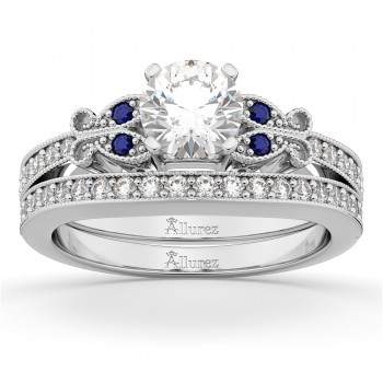 Butterfly Diamond & Blue Sapphire Bridal Set 18k White Gold (0.42ct)