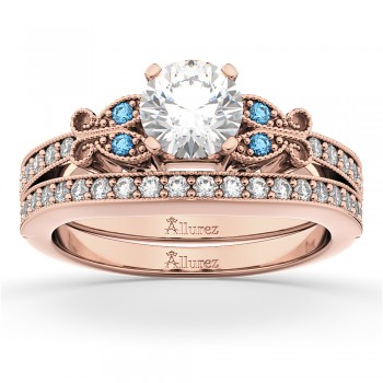 Butterfly Diamond &  Blue Topaz Bridal Set 14k Rose Gold (0.42ct)