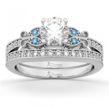 Butterfly Diamond &  Blue Topaz Bridal Set 14k White Gold (0.42ct)