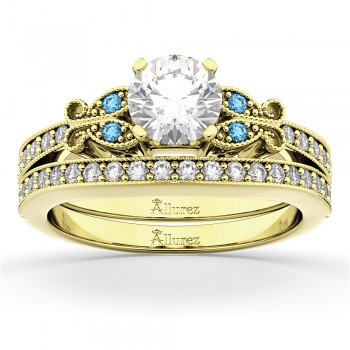 Butterfly Diamond &  Blue Topaz Bridal Set 14k Yellow Gold (0.42ct)