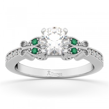 Butterfly Diamond & Emerald Engagement Ring 14k White Gold (0.20ct)