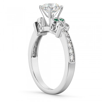 Butterfly Diamond & Emerald Engagement Ring 14k White Gold (0.20ct)