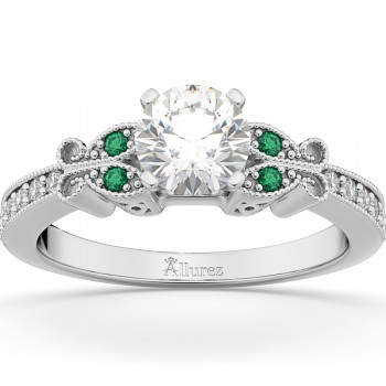 Butterfly Diamond & Emerald Engagement Ring 18k White Gold (0.20ct)